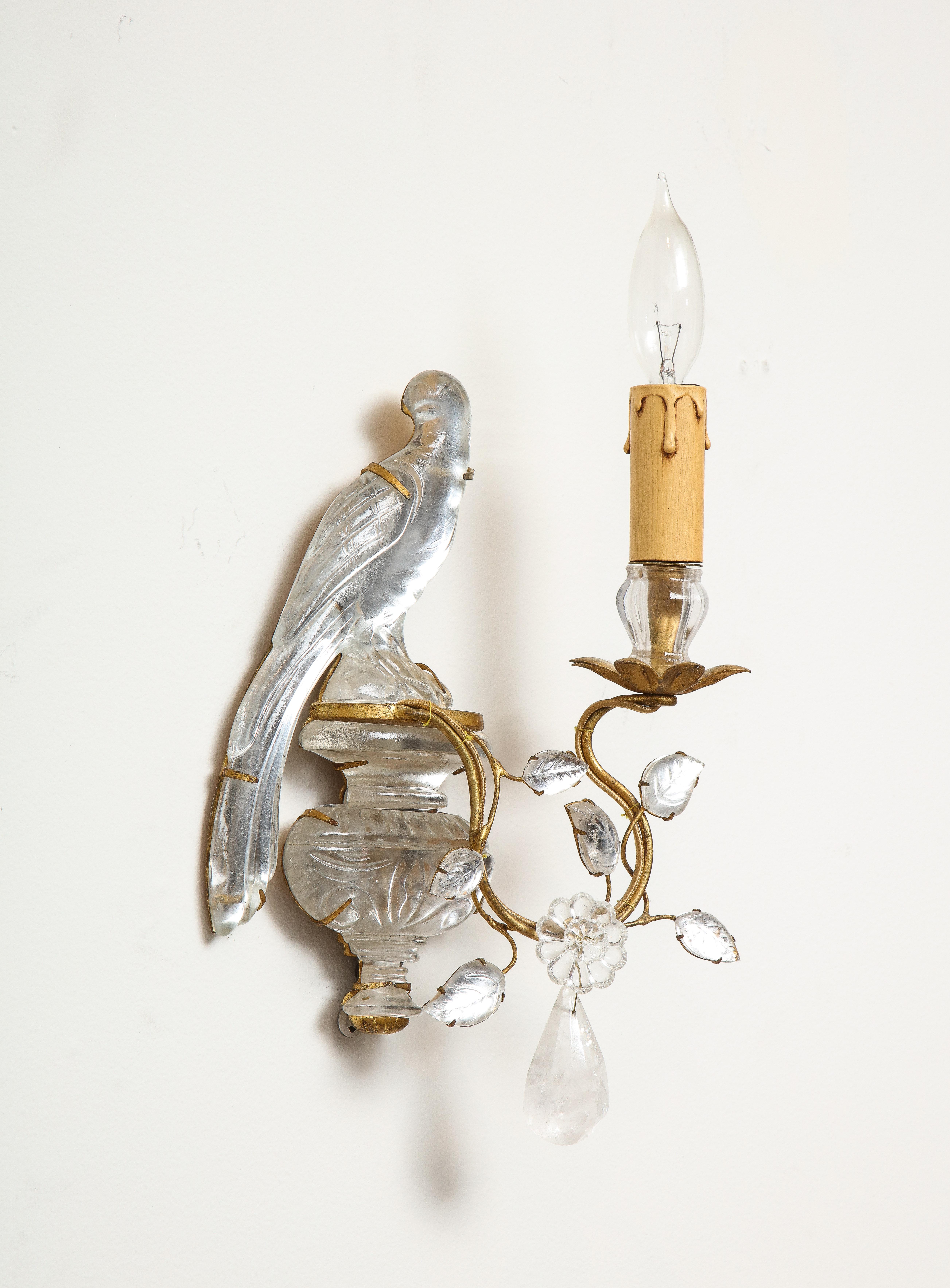 French Pair of Vintage Maison Baguès Rock Crystal Bird Form Sconces