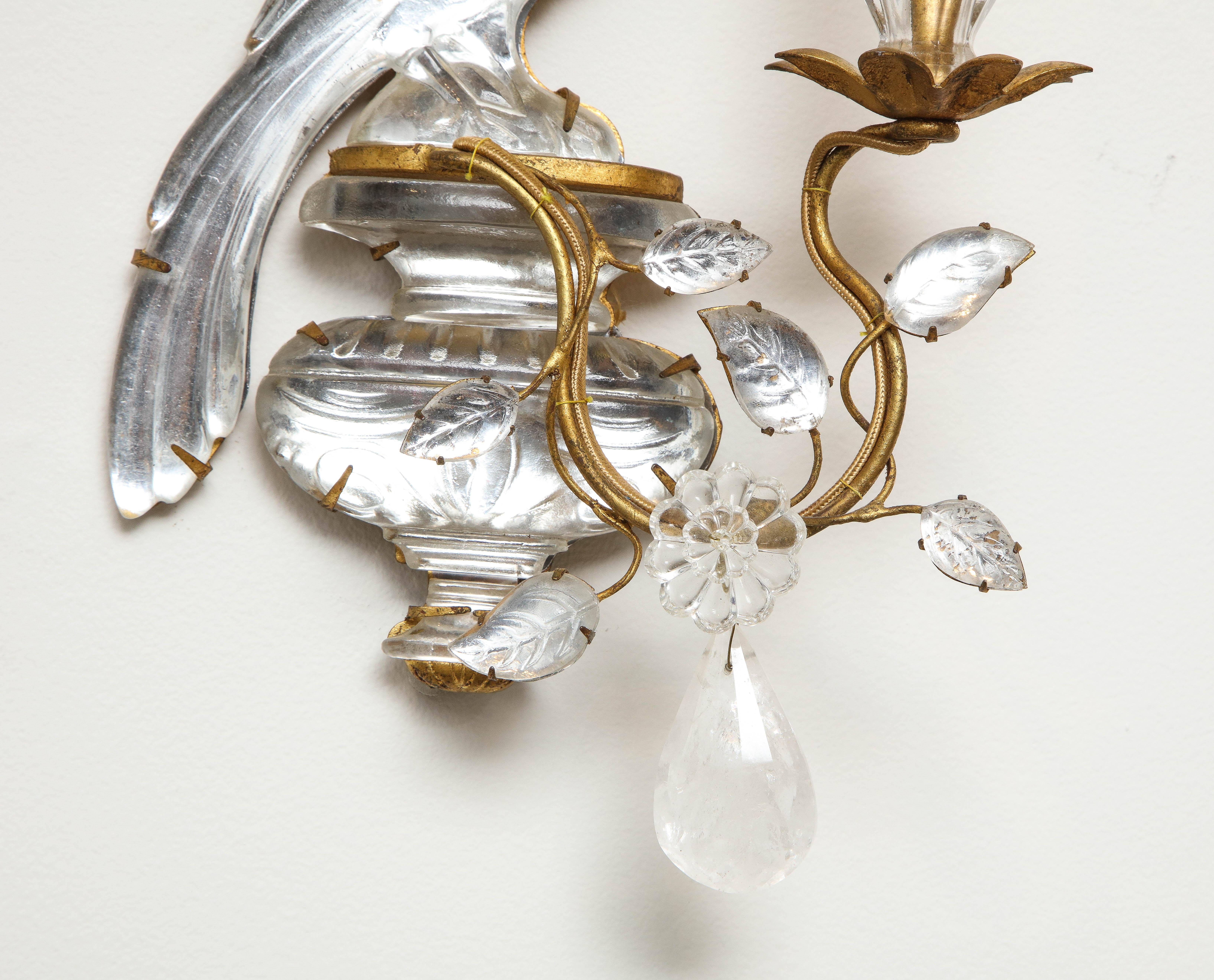 Mid-20th Century Pair of Vintage Maison Baguès Rock Crystal Bird Form Sconces