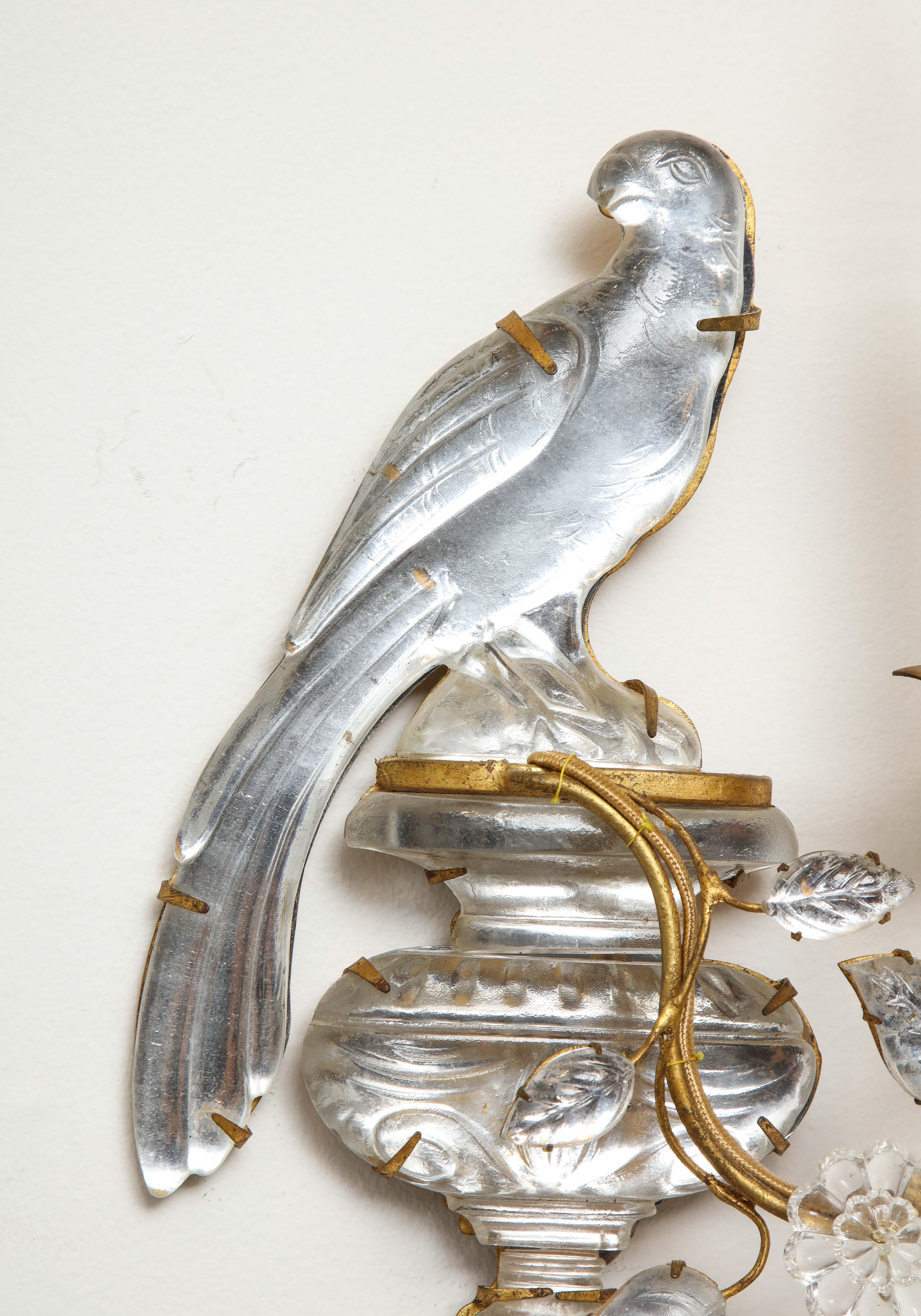 Brass Pair of Vintage Maison Baguès Rock Crystal Bird Form Sconces