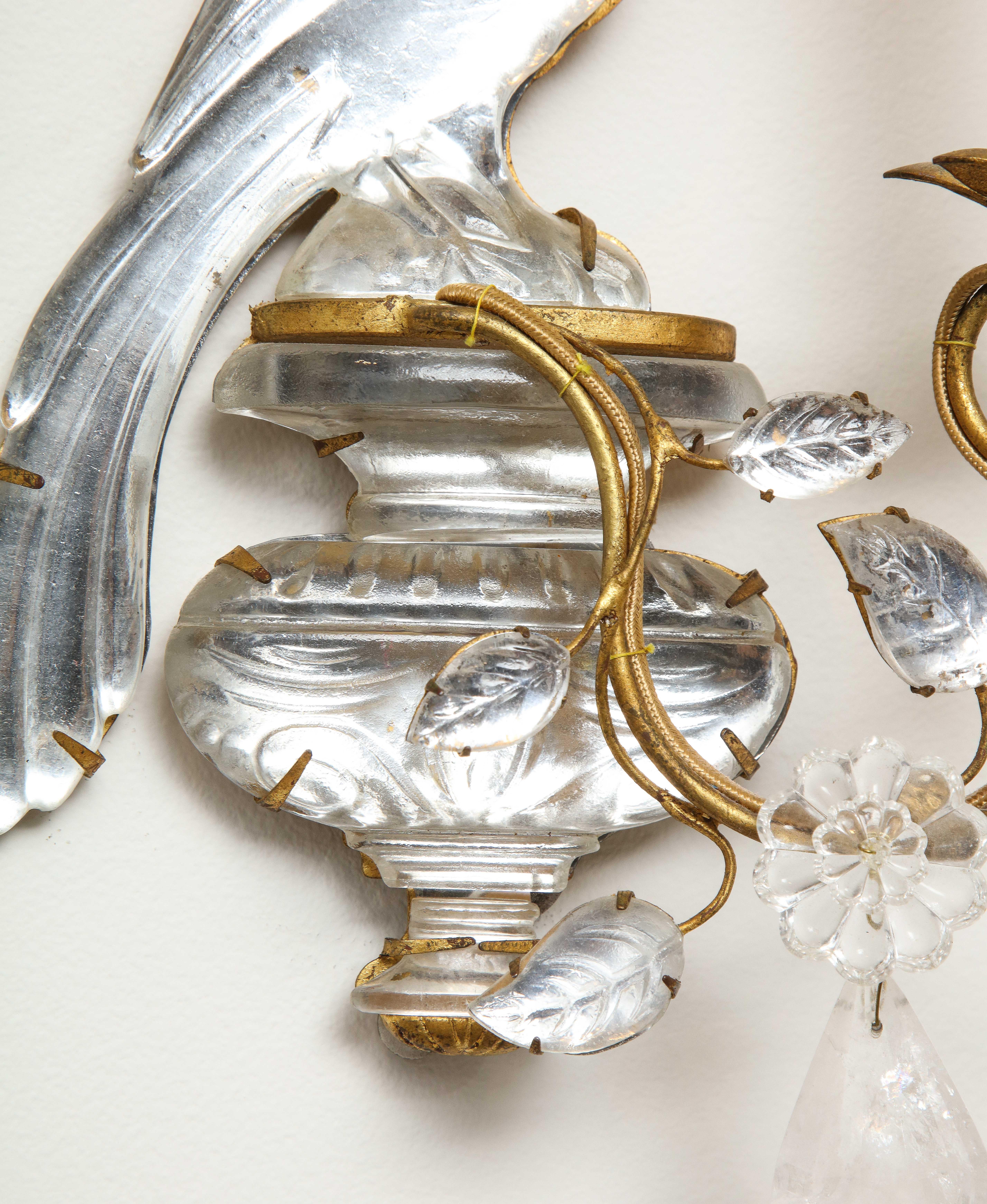 Pair of Vintage Maison Baguès Rock Crystal Bird Form Sconces 1