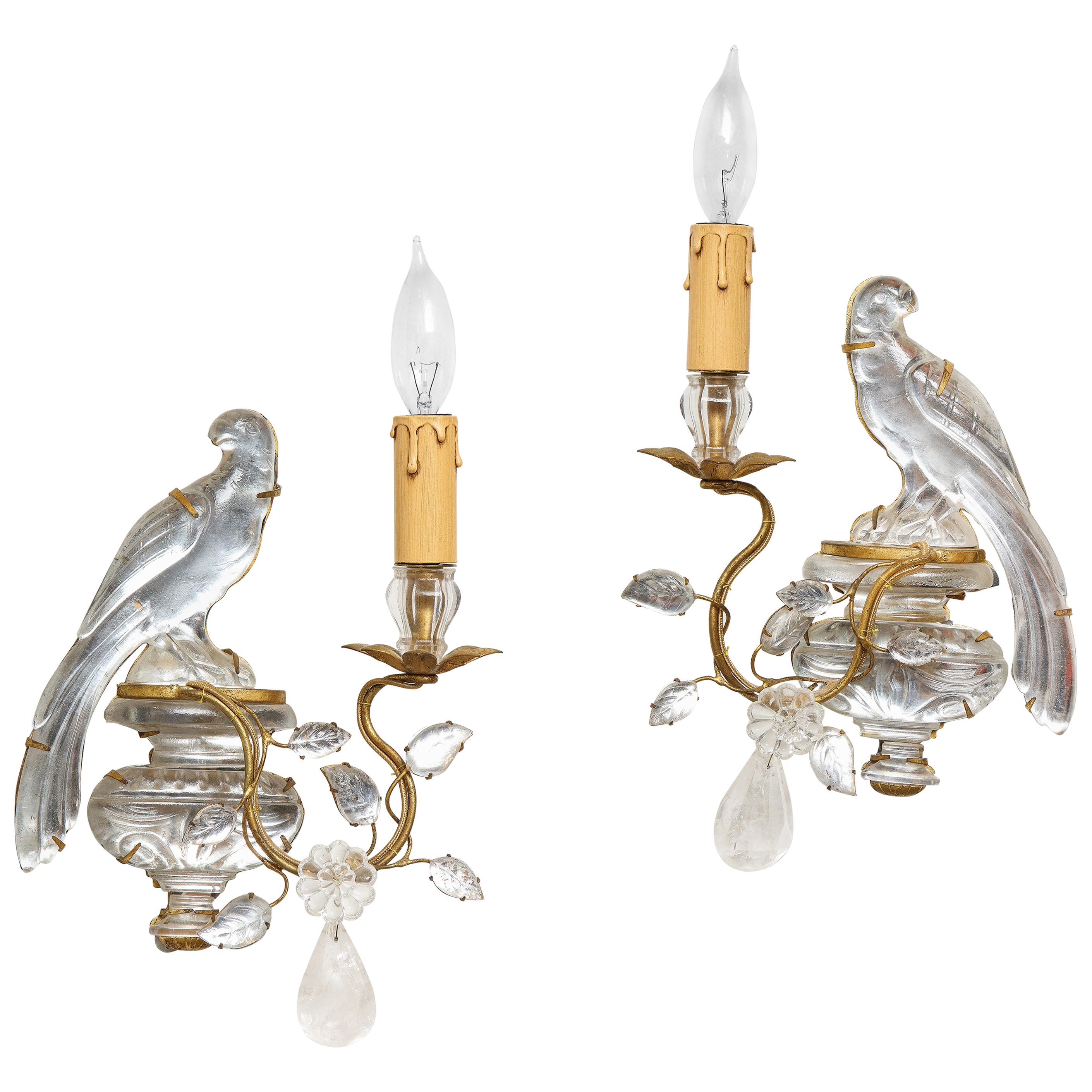 Pair of Vintage Maison Baguès Rock Crystal Bird Form Sconces