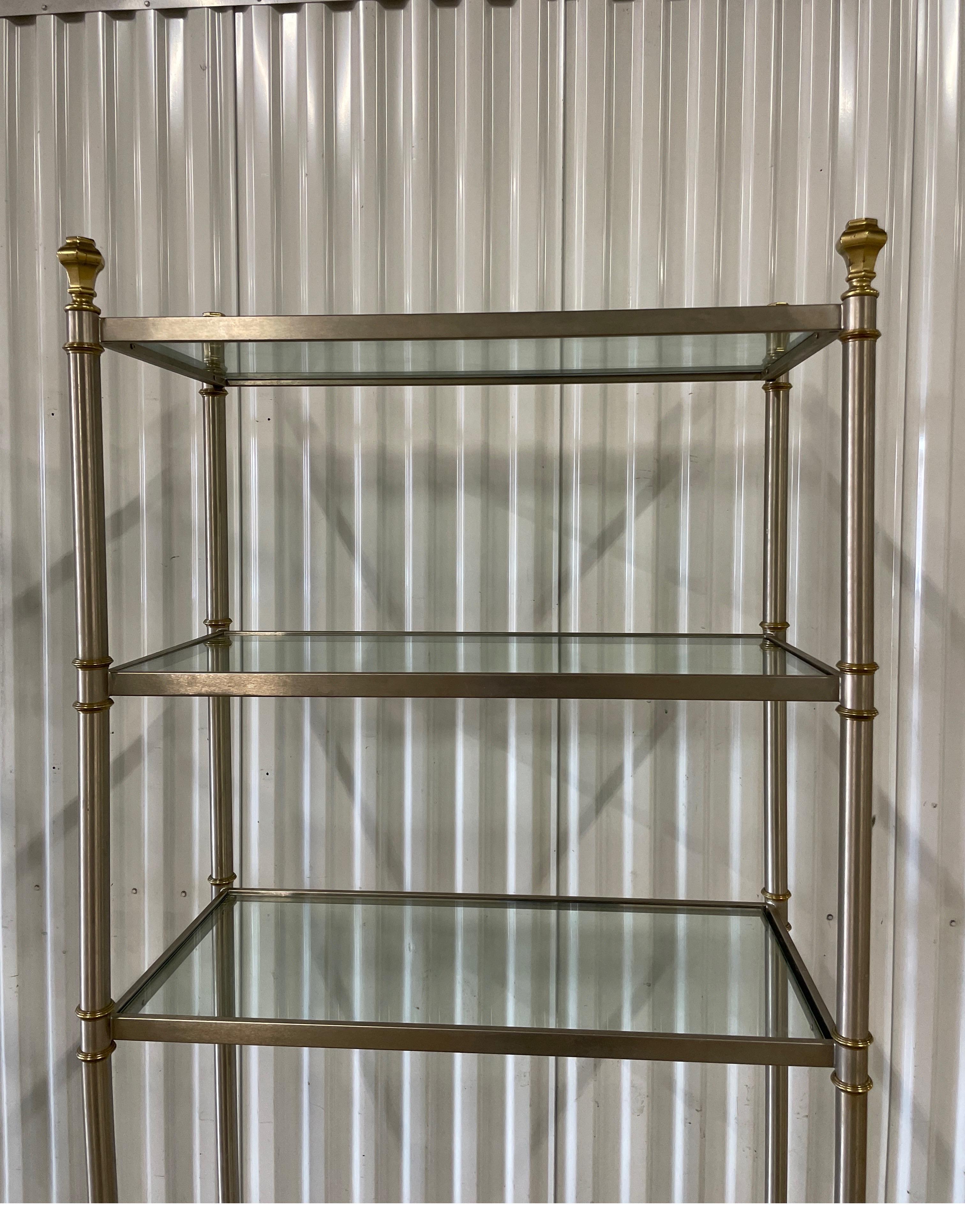 Pair of Vintage Maison Jansen Brushed Steel & Brass Etageres For Sale 2