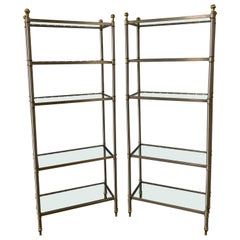 Pair of Vintage Maison Jansen Brushed Steel & Brass Etageres