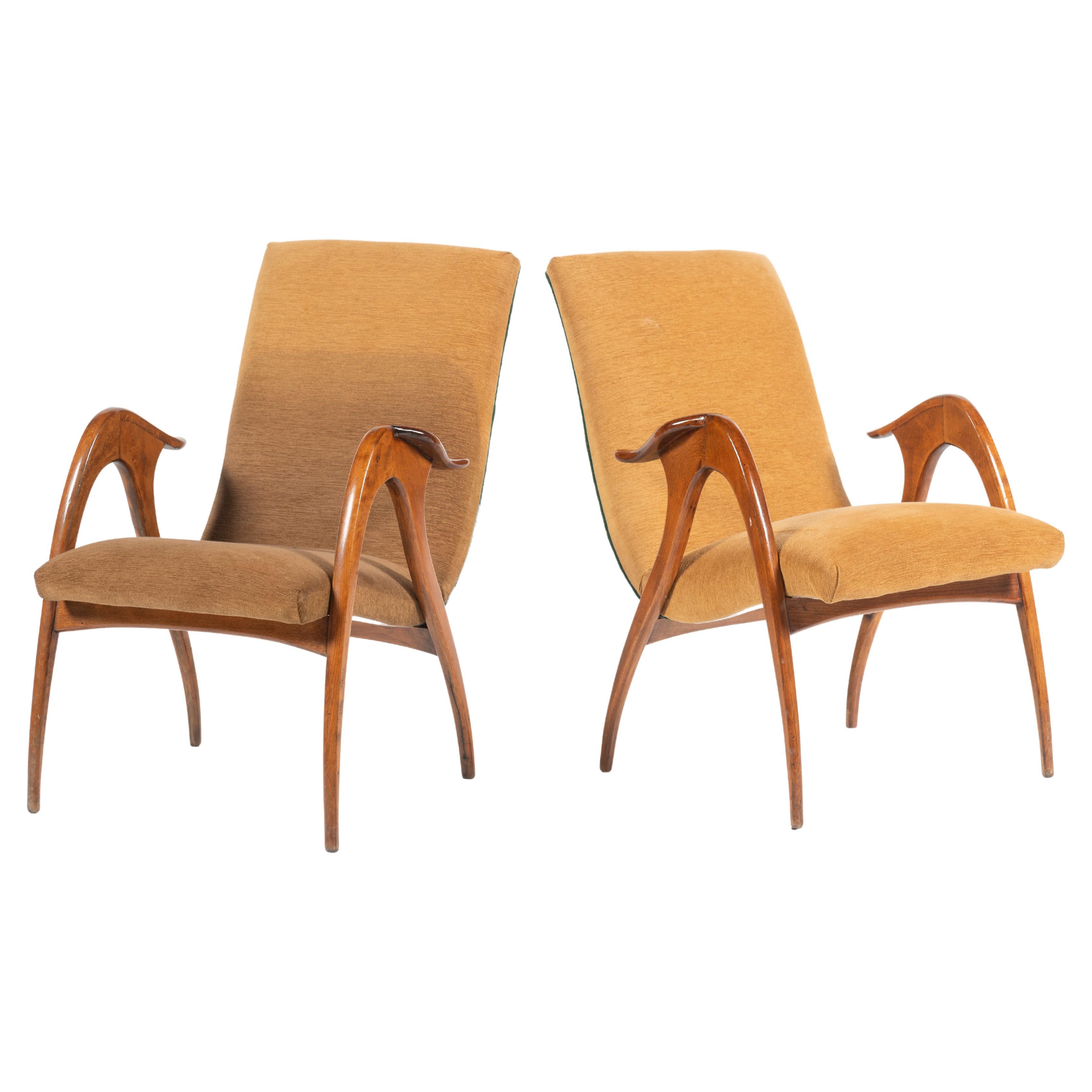 Pair of Vintage Malatesta & Mason Walnut and Upholstery Armchairs, Italy, 1950s For Sale
