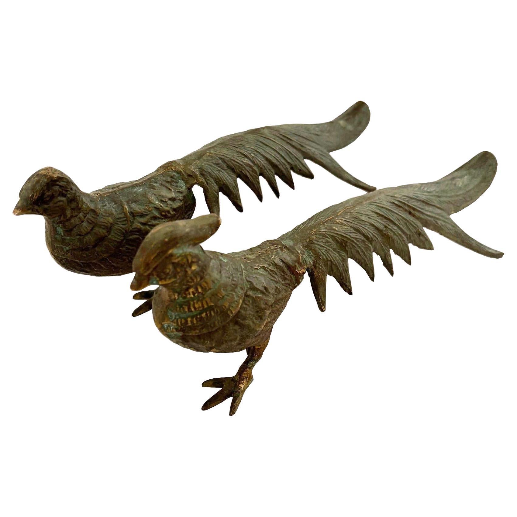 Pair of Vintage Male and Female Antiqued Verdi green Pheasant Bird Sculptures