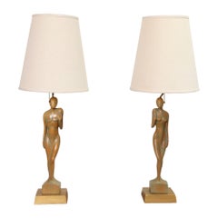 Pair of Vintage Male and Female Figural Carved Table Lamps by Clifford C Stasack