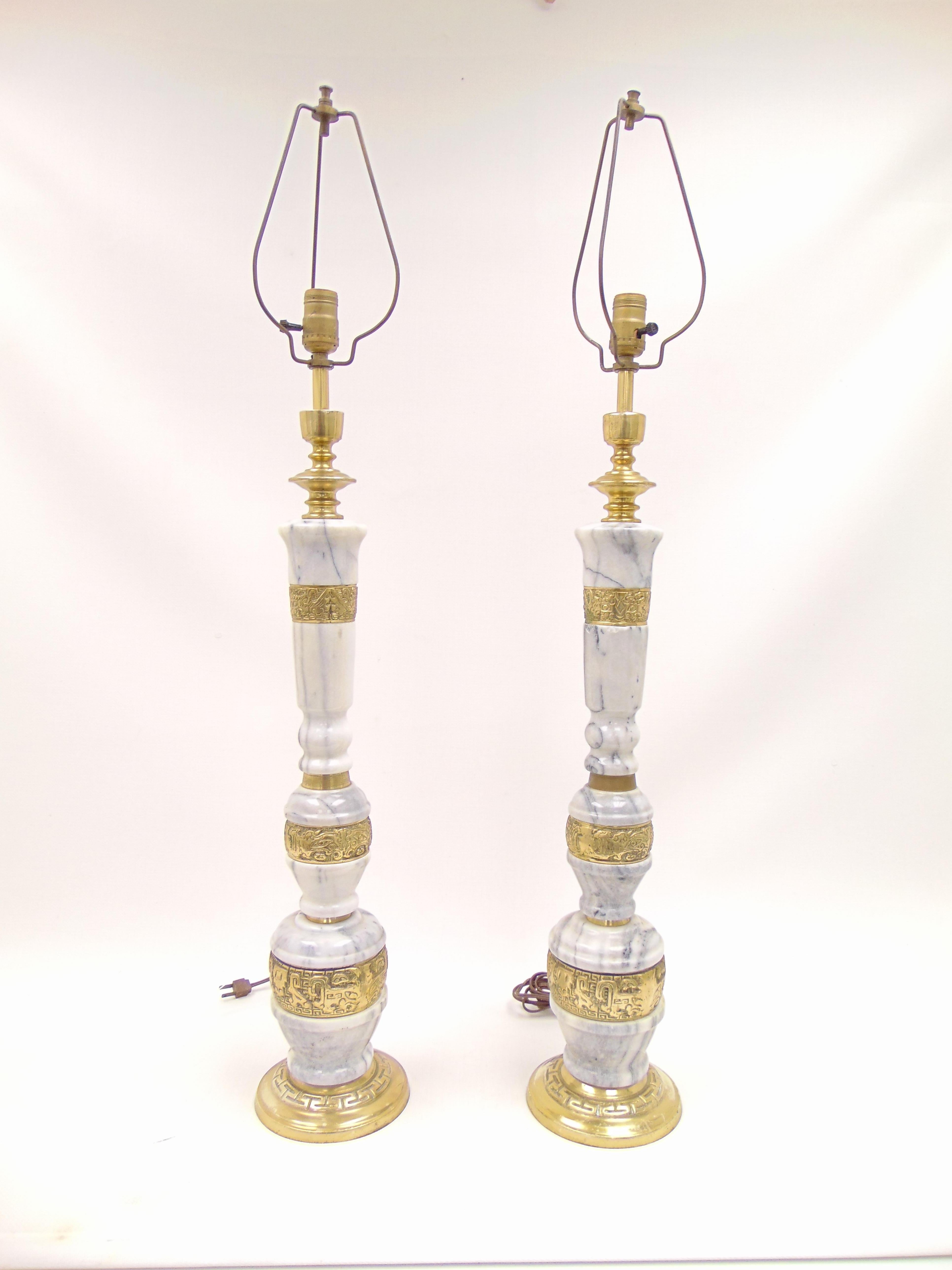 Pair of Vintage Marble and Brass Tall Table Lamps For Sale 1