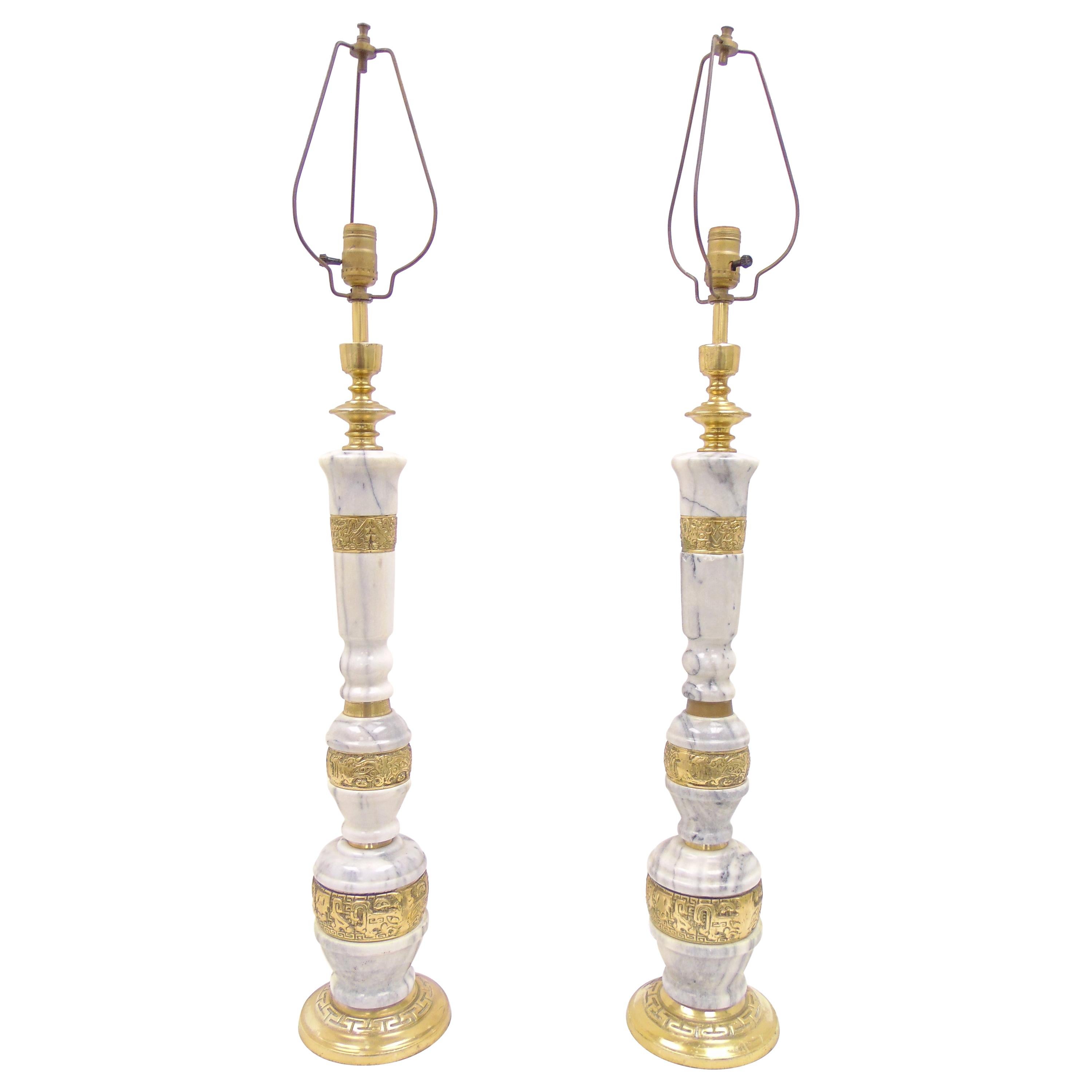 Pair of Vintage Marble and Brass Tall Table Lamps For Sale