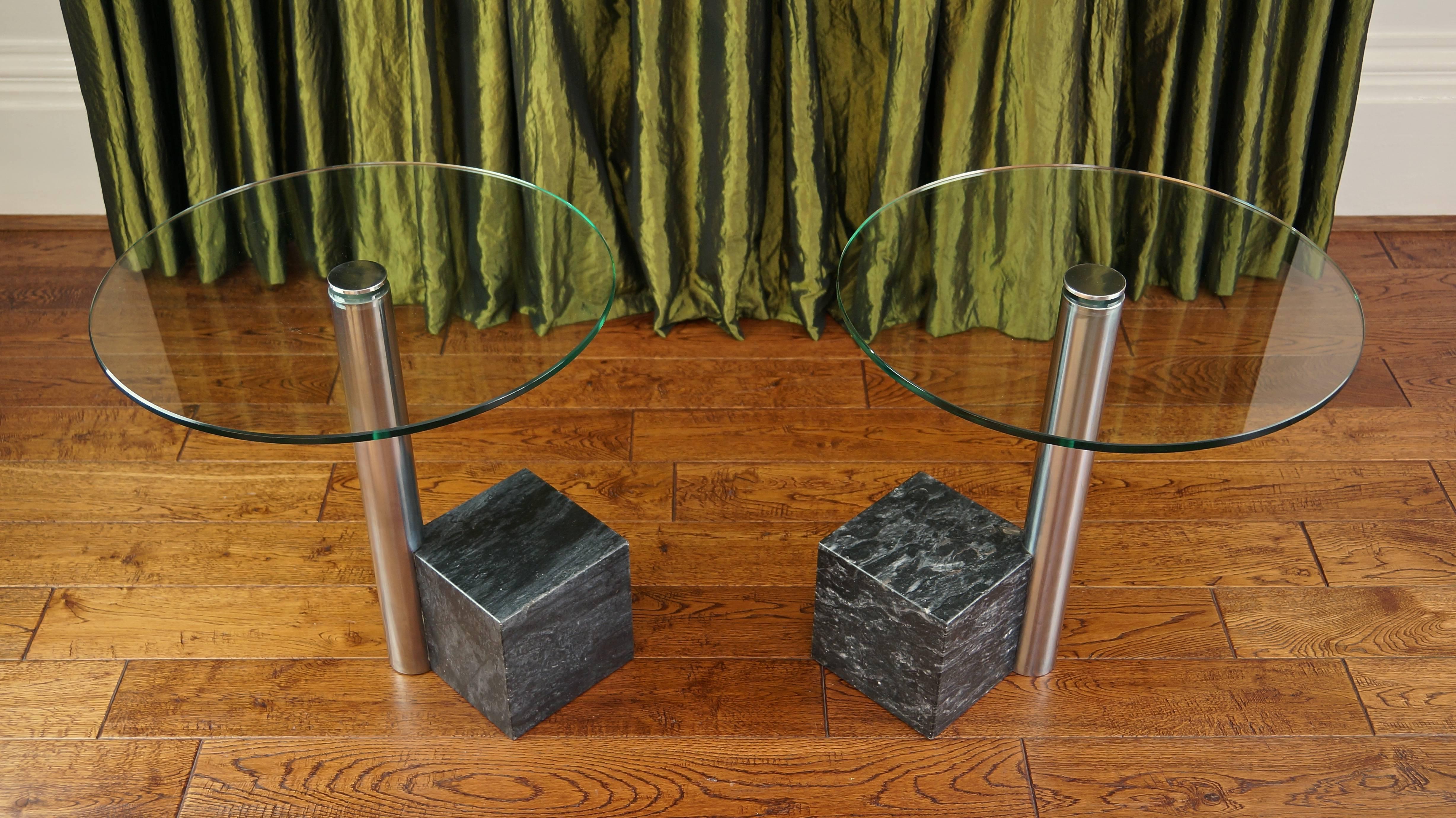 Steel Pair of Vintage Marble and Glass HK2 Side Tables by Hank Kwint, Metaform 1980s For Sale