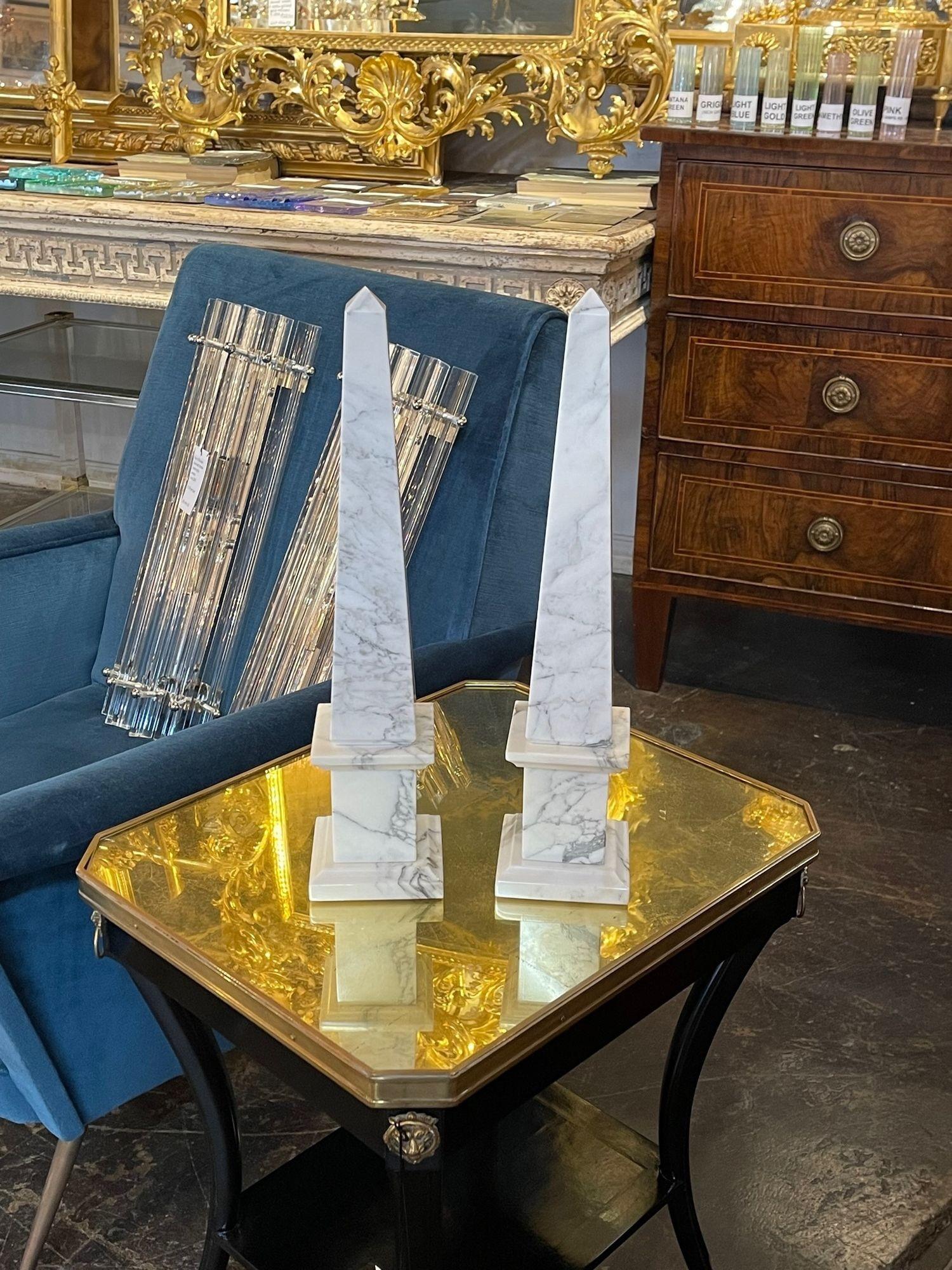 Pair of vintage polished Carrara marble obelisks. Circa 1940. A timeless and Classic touch for a Fine interior.