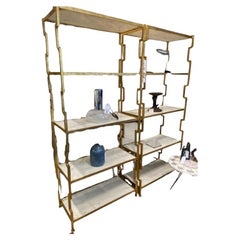 Coppia di scaffali in marmo vintage con cornici in ottone
