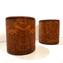 Pair of Vintage Marble Top Burl Wood Drum Side Tables