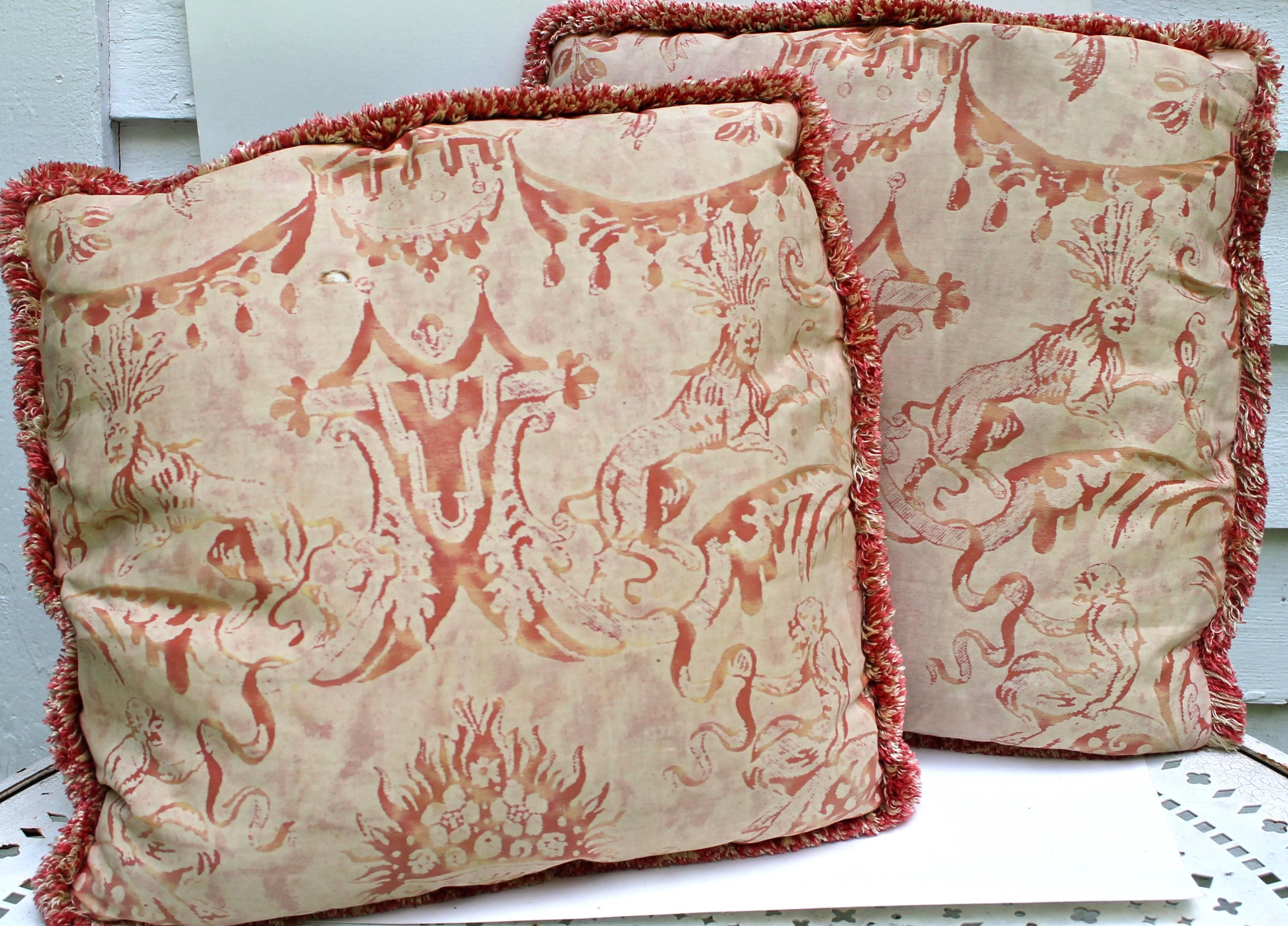 Two early pillows made from 'Mazzarino' pattern fabric. Each measures: 16
