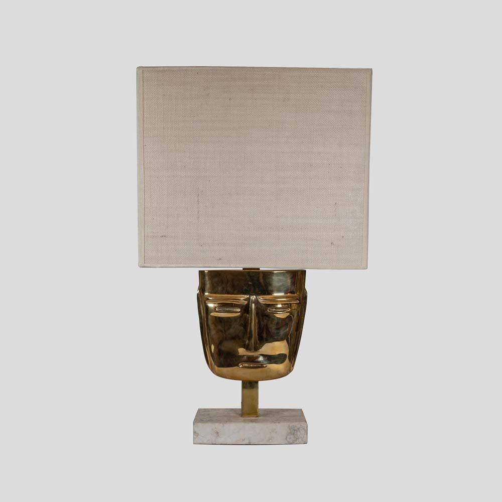 Pair of Italian design  Masks Table Lamps cast Brass Travertine  Marble Base  For Sale 7