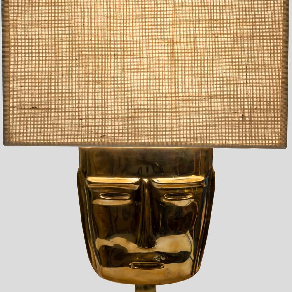 Mid-Century Modern Pair of Italian design  Masks Table Lamps cast Brass Travertine  Marble Base For Sale
