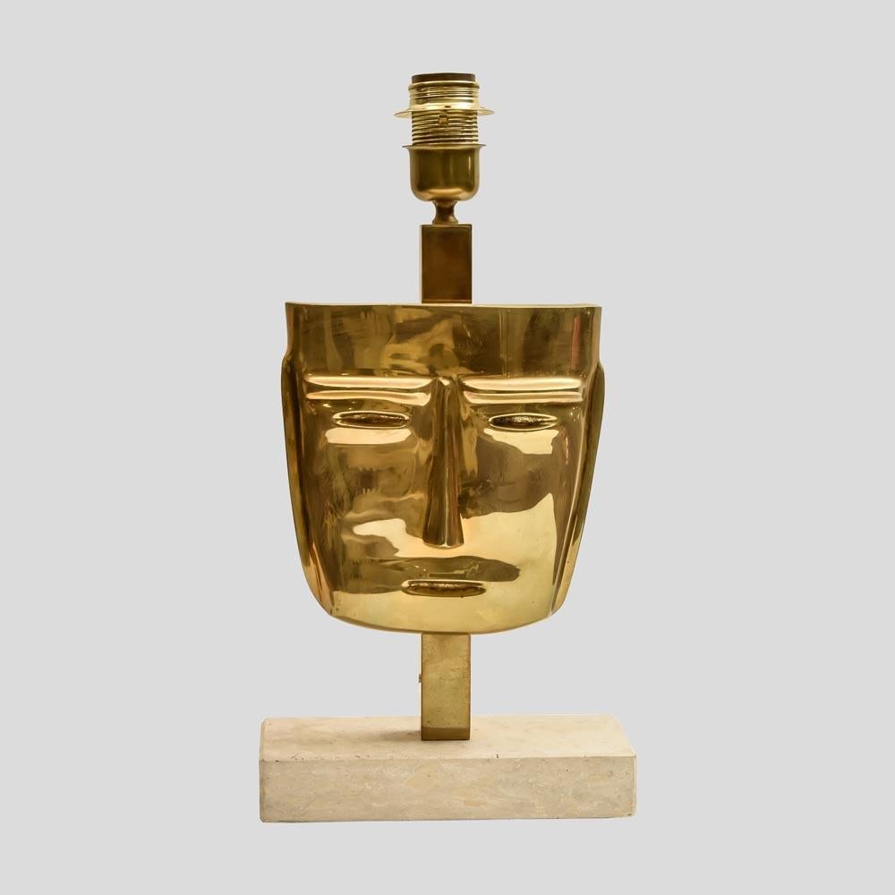 Pair of Vintage Masks Table Lamps Cast Brass Travertine Marble Base Italian In Good Condition In London, GB