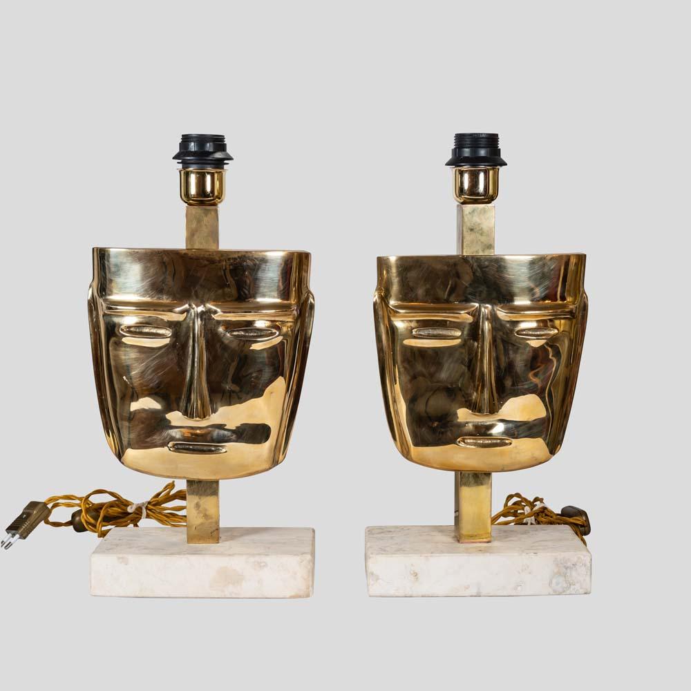 Pair of Italian design  Masks Table Lamps cast Brass Travertine  Marble Base  In Good Condition For Sale In London, GB