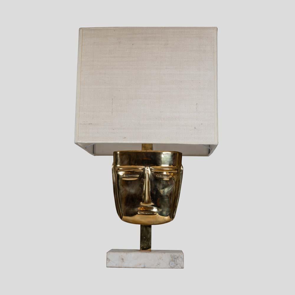 Pair of Italian design  Masks Table Lamps cast Brass Travertine  Marble Base  For Sale 3