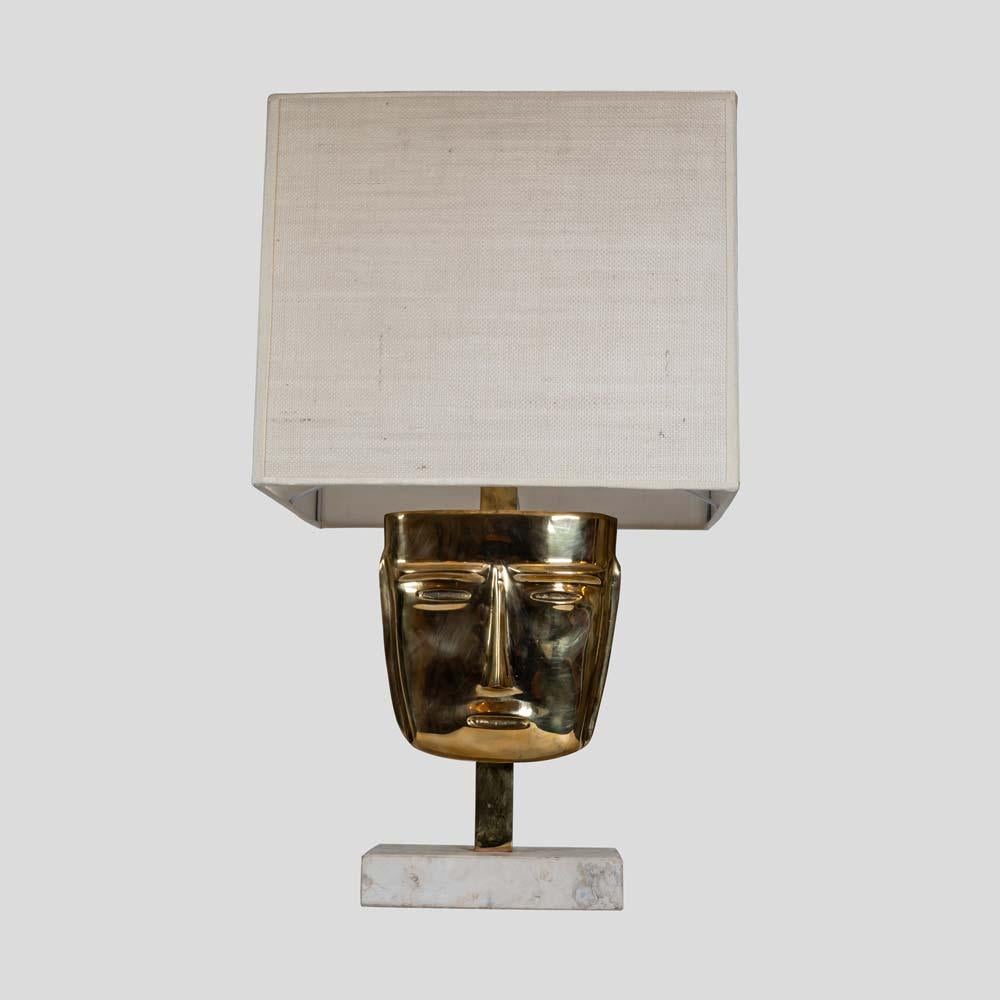 Pair of Italian design  Masks Table Lamps cast Brass Travertine  Marble Base For Sale 3
