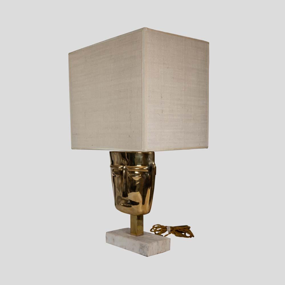 Pair of Italian design  Masks Table Lamps cast Brass Travertine  Marble Base  For Sale 4