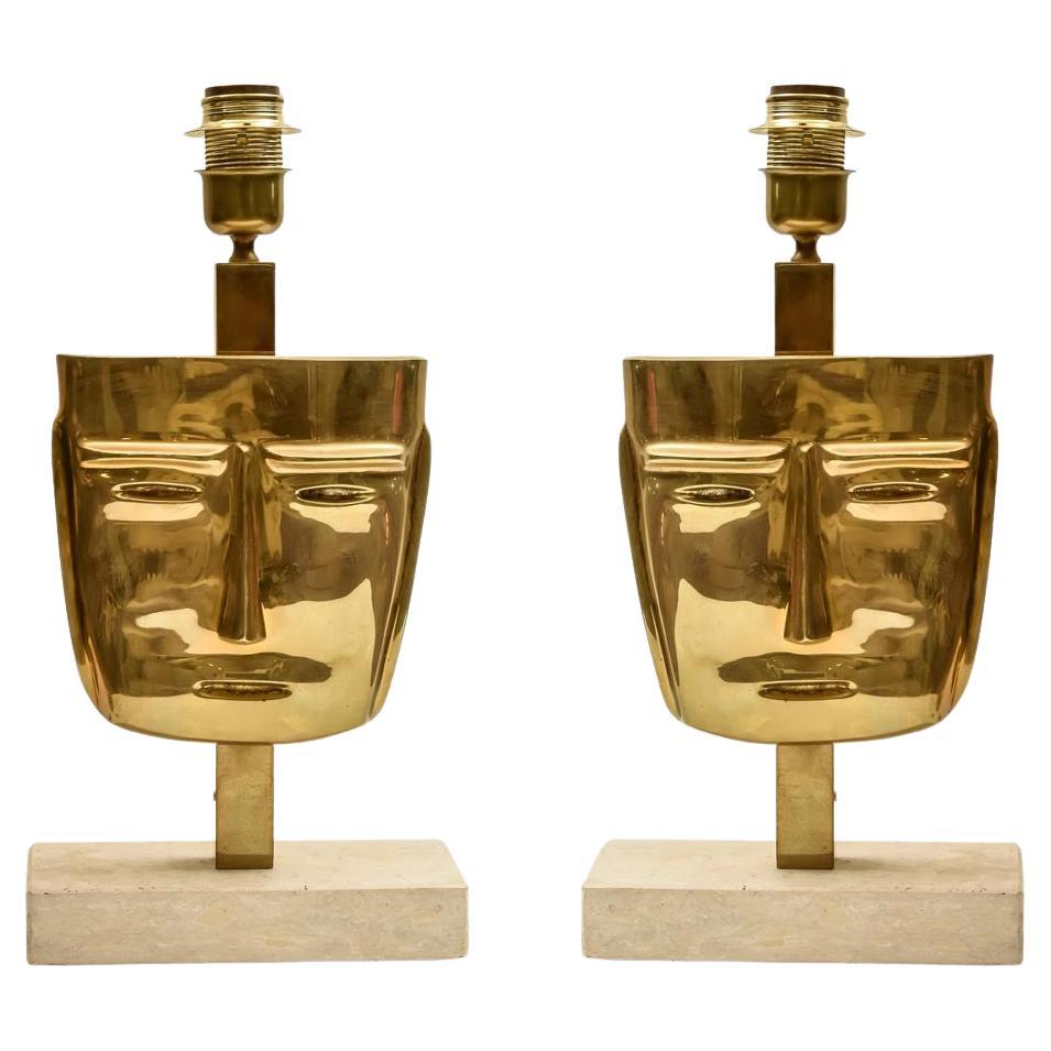 Pair of Vintage Masks Table Lamps Cast Brass Travertine Marble Base Italian