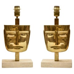 Pair of Vintage Masks Table Lamps Cast Brass Travertine Marble Base Italian