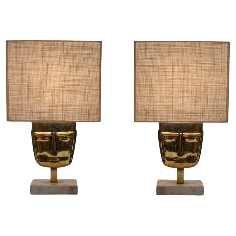 Pair of Italian design  Masks Table Lamps cast Brass Travertine  Marble Base  For Sale