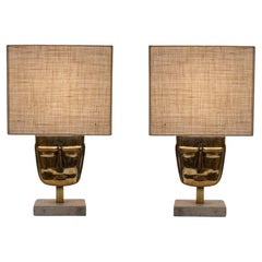 Vintage Pair of Italian design  Masks Table Lamps cast Brass Travertine  Marble Base 