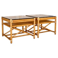 Pair of Vintage McGuire Organic Modern Rattan Side Tables With Cane Shelves
