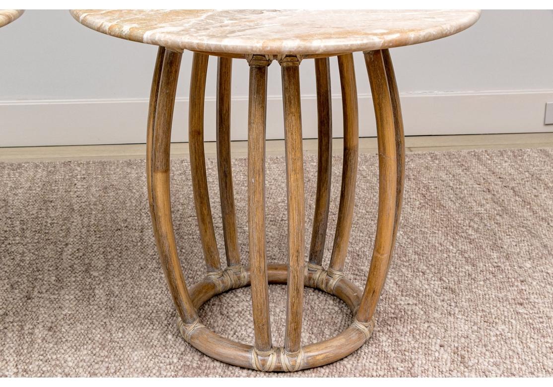 Hollywood Regency Pair Of Vintage McGuire Rattan Drum Tables With Stone Top Circa 1987 For Sale