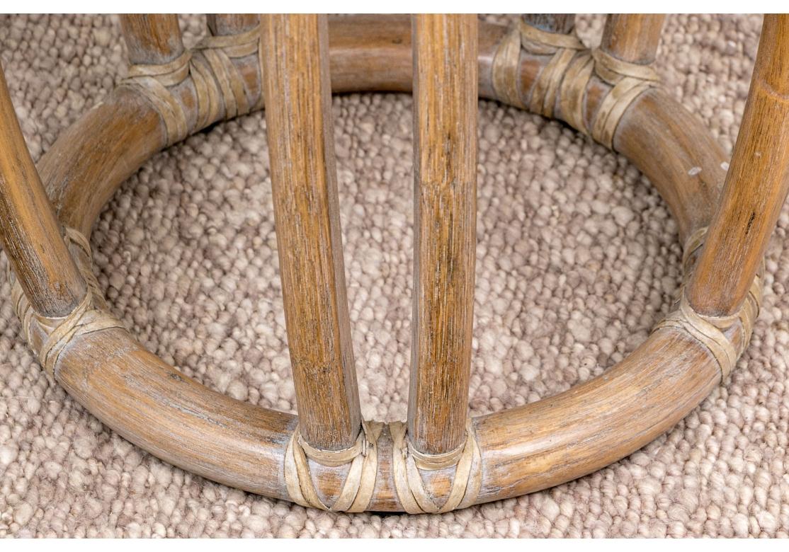 Pair Of Vintage McGuire Rattan Drum Tables With Stone Top Circa 1987 In Fair Condition For Sale In Bridgeport, CT