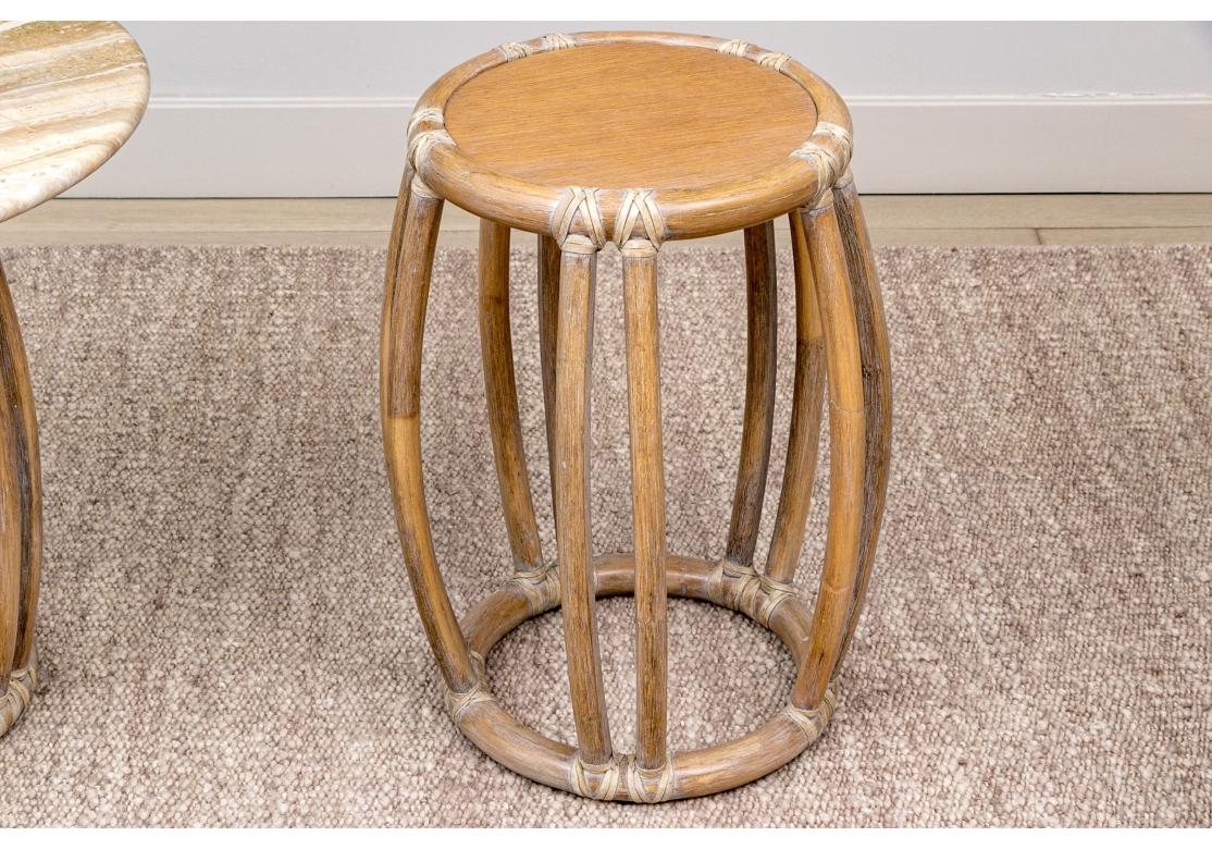 20th Century Pair Of Vintage McGuire Rattan Drum Tables With Stone Top Circa 1987 For Sale