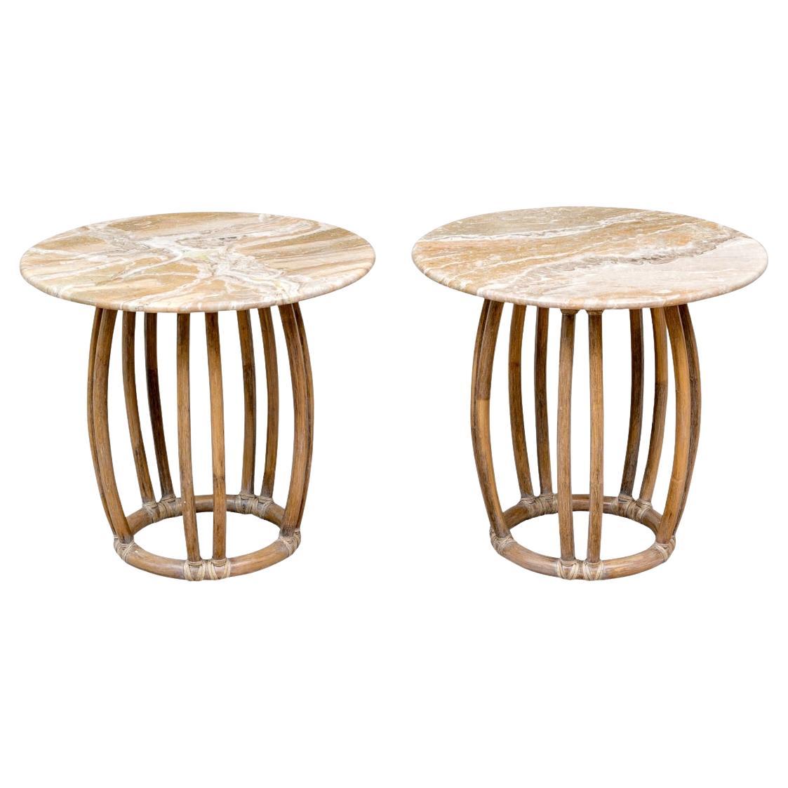 Pair Of Vintage McGuire Rattan Drum Tables With Stone Top Circa 1987 For Sale