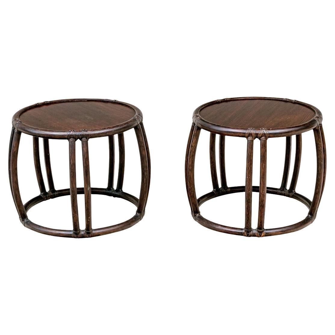 Coppia di tavolini in rattan McGuire d'epoca a forma di tamburo in vendita