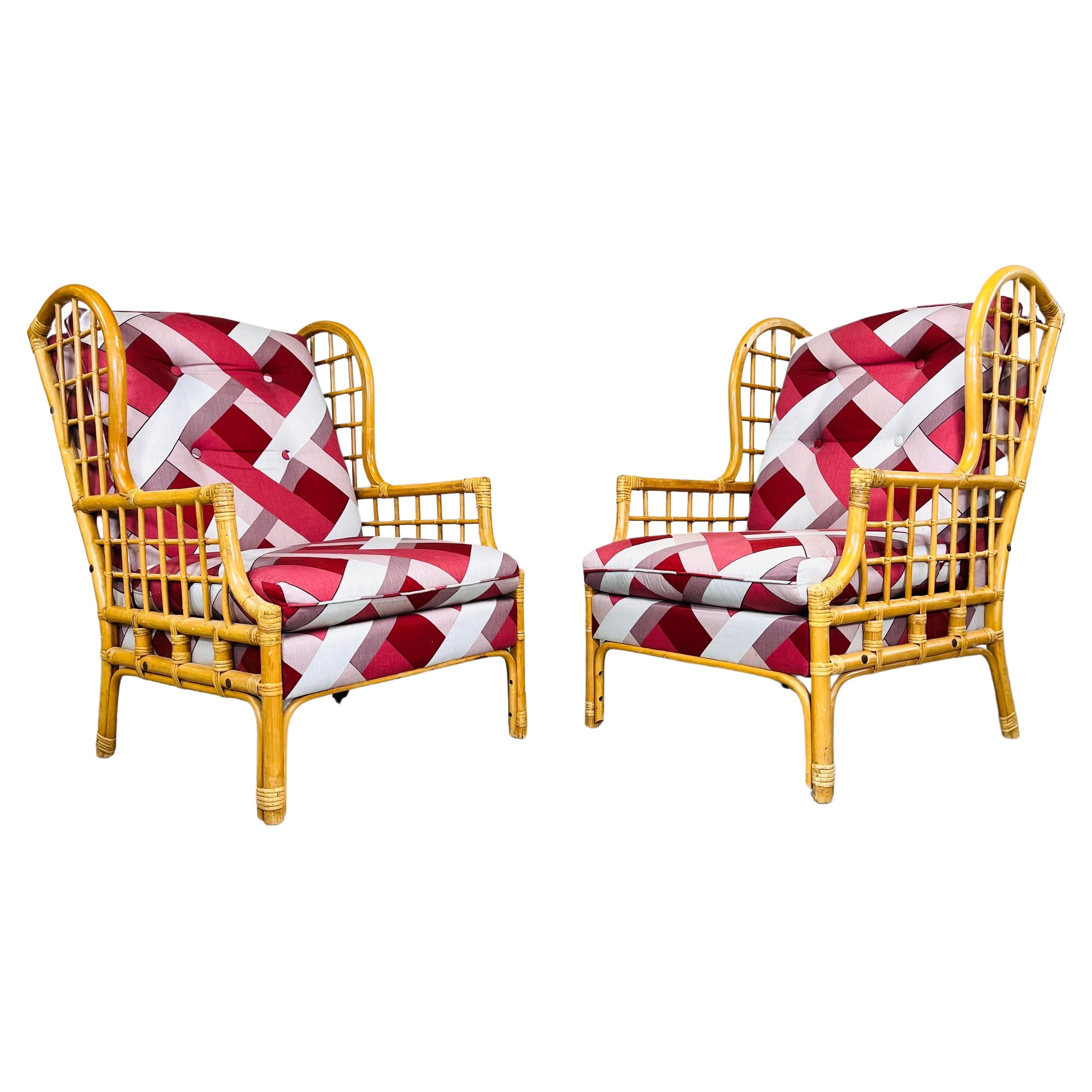 Pair Of Vintage McGuire Style Bamboo & Rattan Wingback Arm Chairs With Cushions For Sale