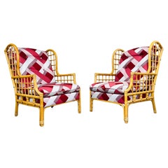 Pair Of Used McGuire Style Bamboo & Rattan Wingback Arm Chairs With Cushions