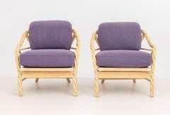 Pair of Vintage McGuire Twisted Rattan Armchairs with Purple Cushions