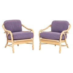 Pair of Vintage McGuire Twisted Rattan Armchairs with Purple Cushions