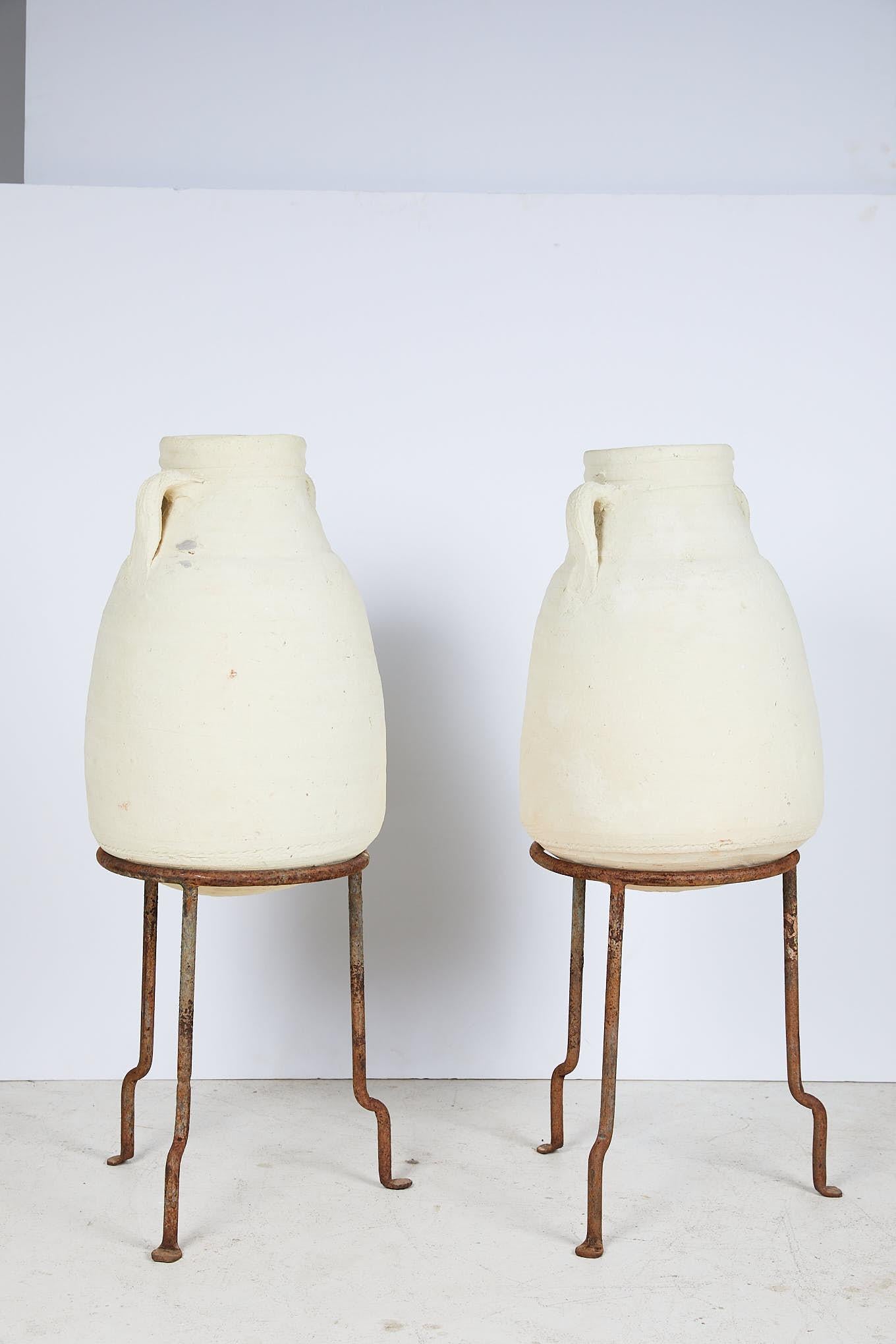 20th Century Pair of Vintage Mediterranean White Clay Vessels on Forged Iron Stands