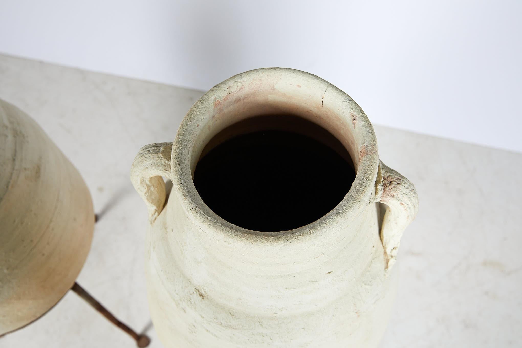 Pair of Vintage Mediterranean White Clay Vessels on Forged Iron Stands 2