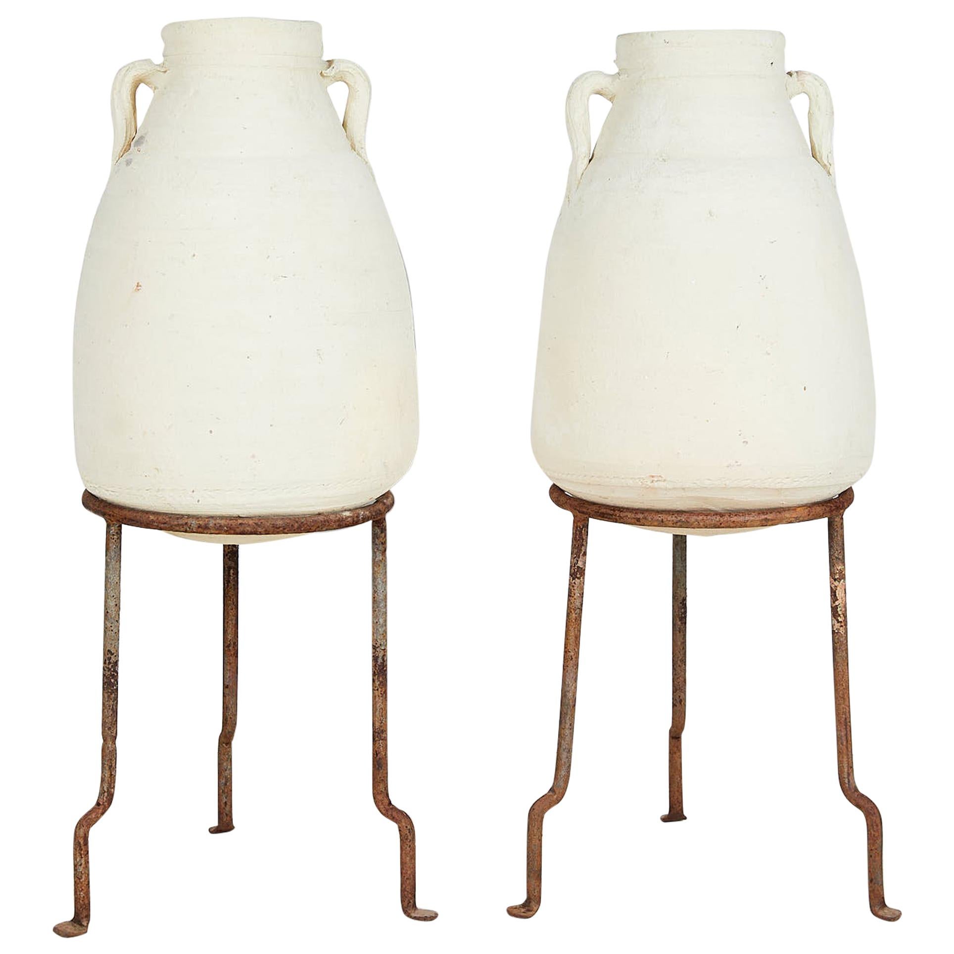 Pair of Vintage Mediterranean White Clay Vessels on Forged Iron Stands