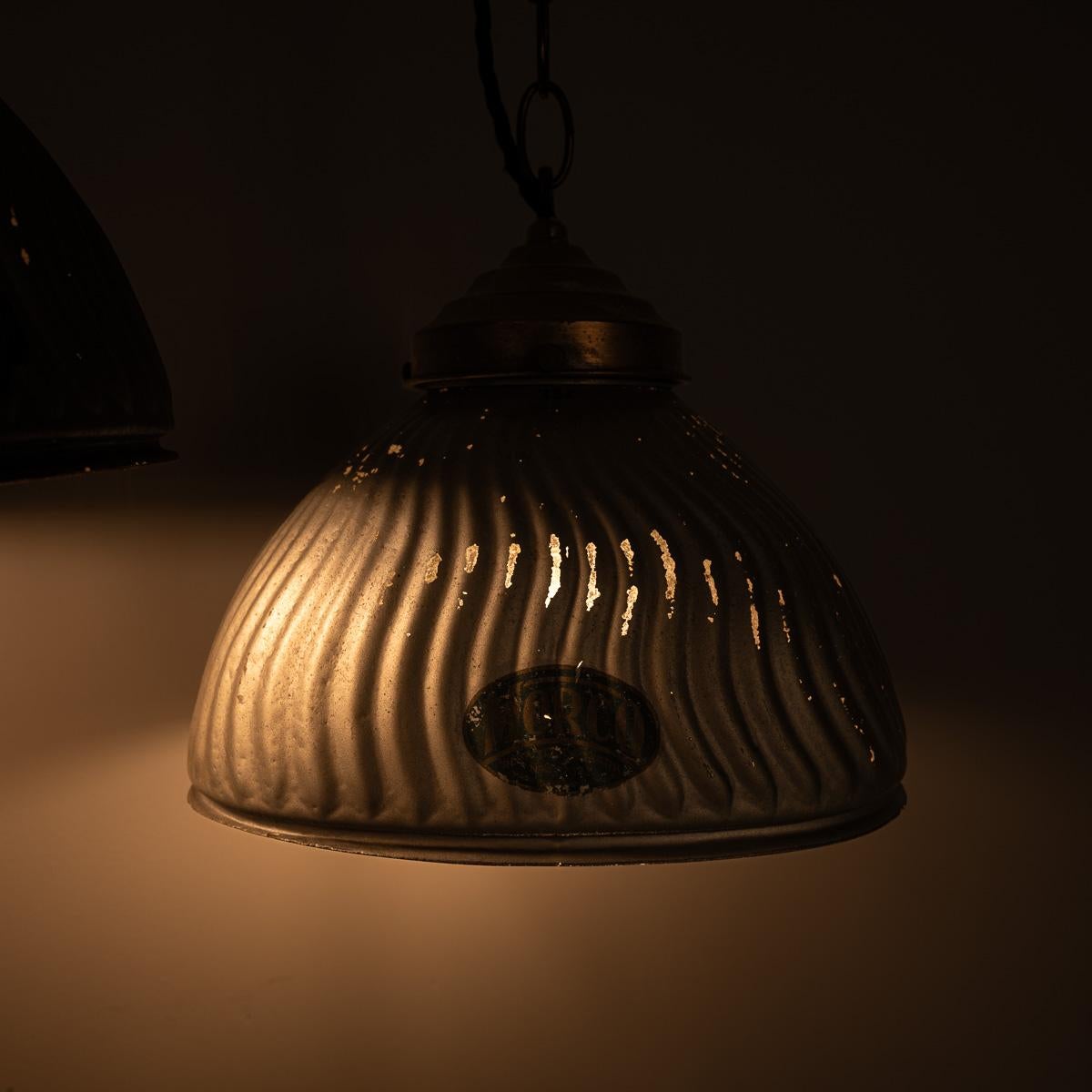 Pair of Vintage Mercury Glass Pendant Lights with Aged Brass Fittings by MORCO For Sale 8