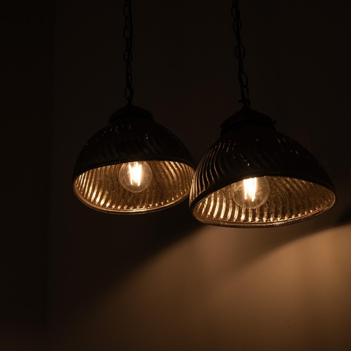 Pair of Vintage Mercury Glass Pendant Lights with Aged Brass Fittings by MORCO For Sale 12