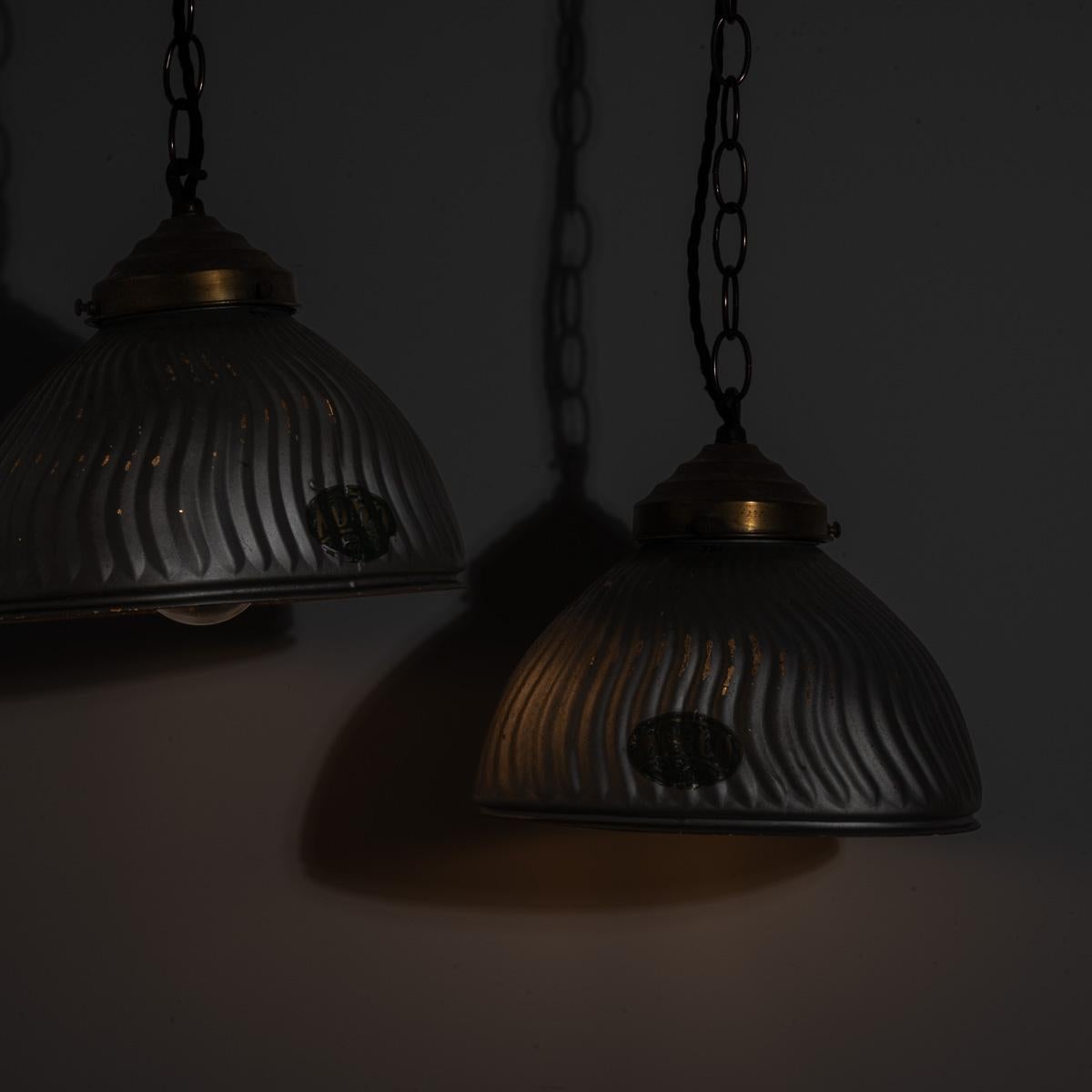 Pair of Vintage Mercury Glass Pendant Lights with Aged Brass Fittings by MORCO For Sale 3