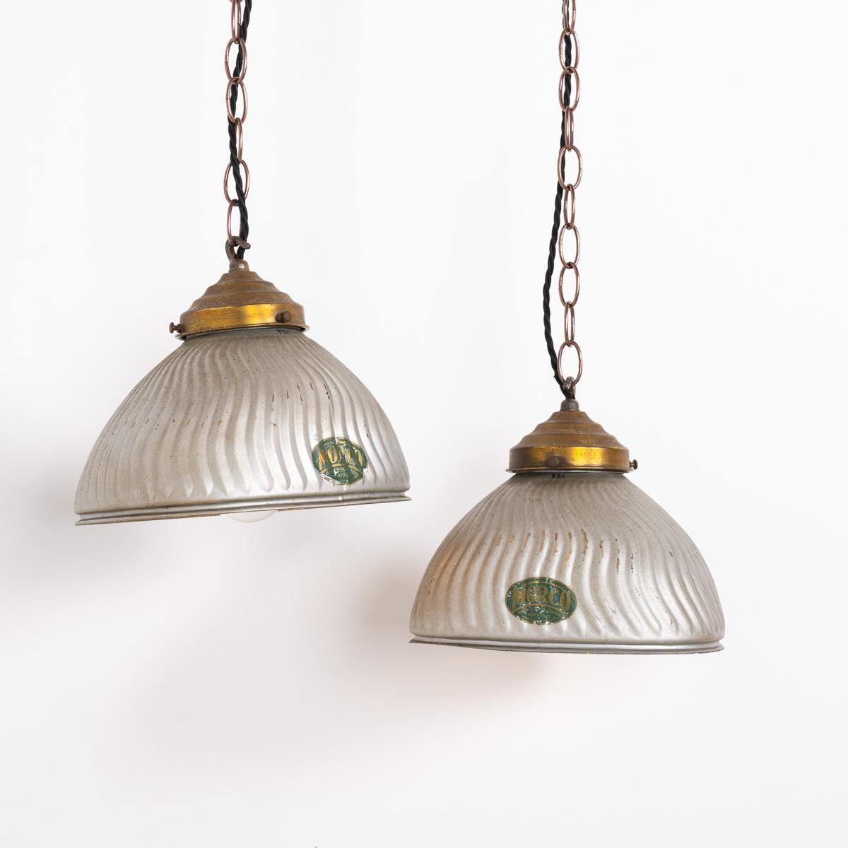 Pair of Vintage Mercury Glass Pendant Lights with Aged Brass Fittings by MORCO