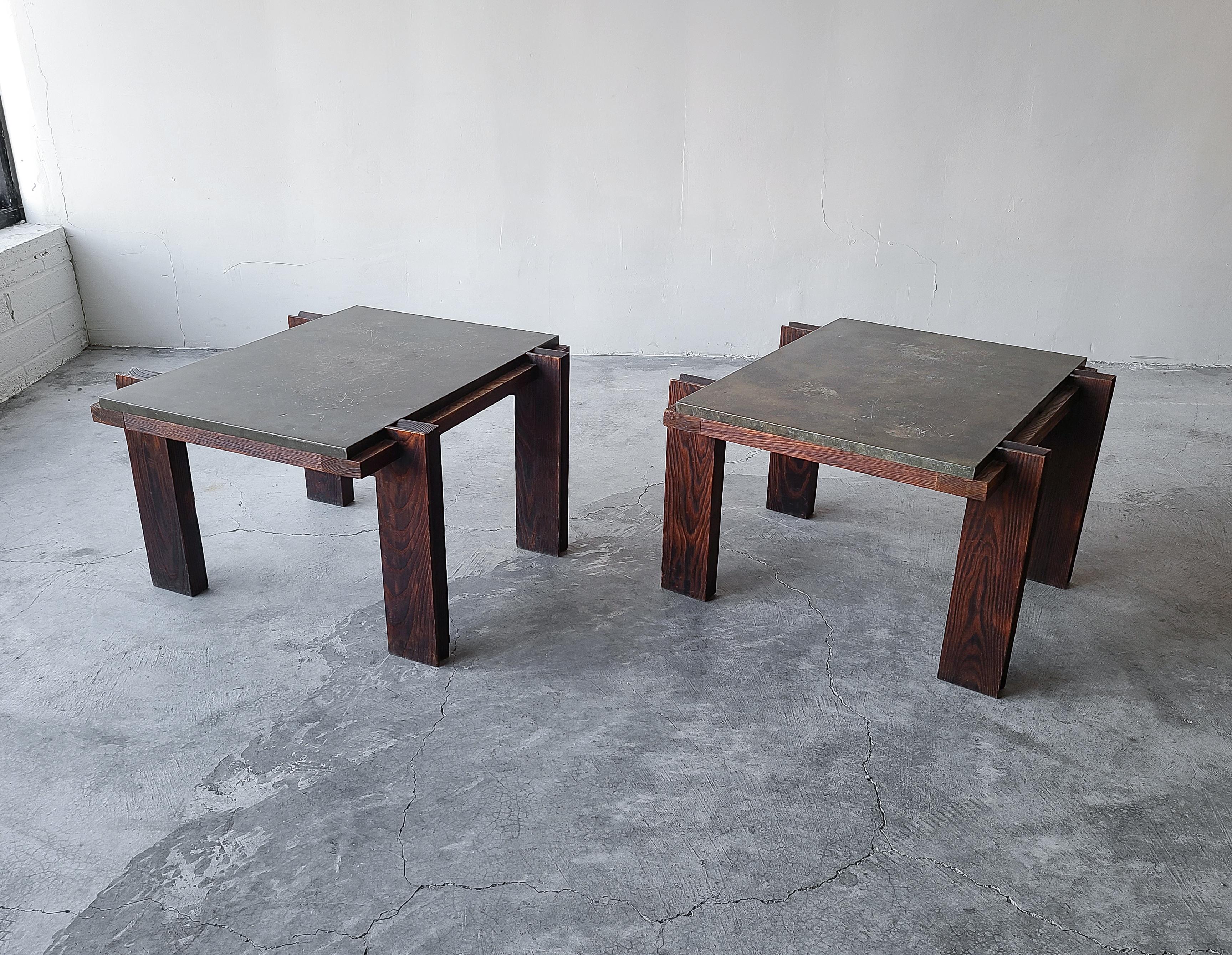 Mid-Century Modern Pair of Vintage Metal and Oak Craftsman Side Tables
