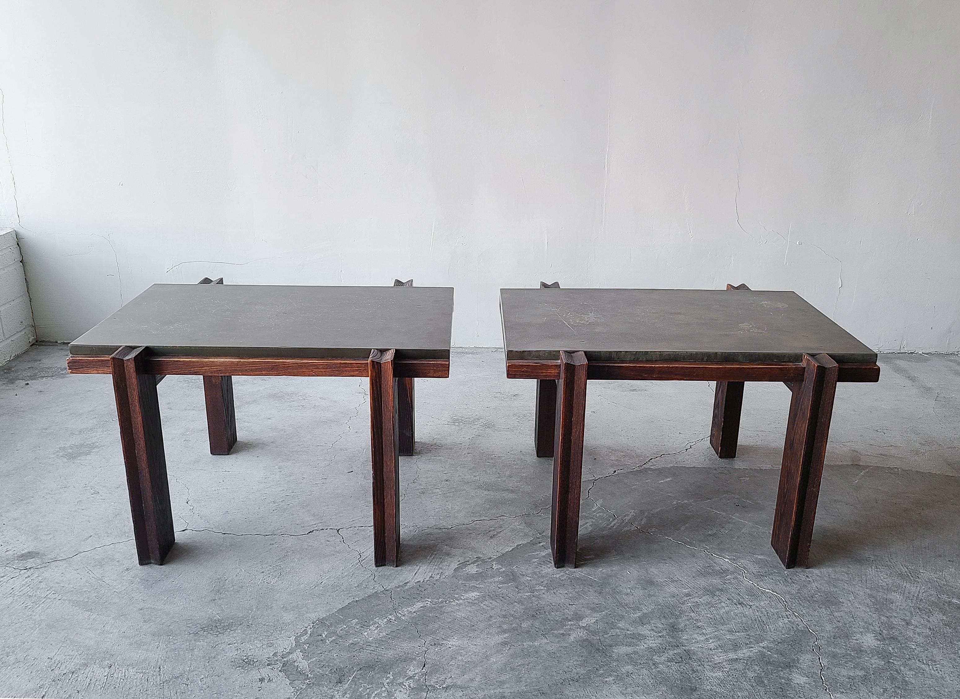 Pair of Vintage Metal and Oak Craftsman Side Tables In Good Condition In Las Vegas, NV