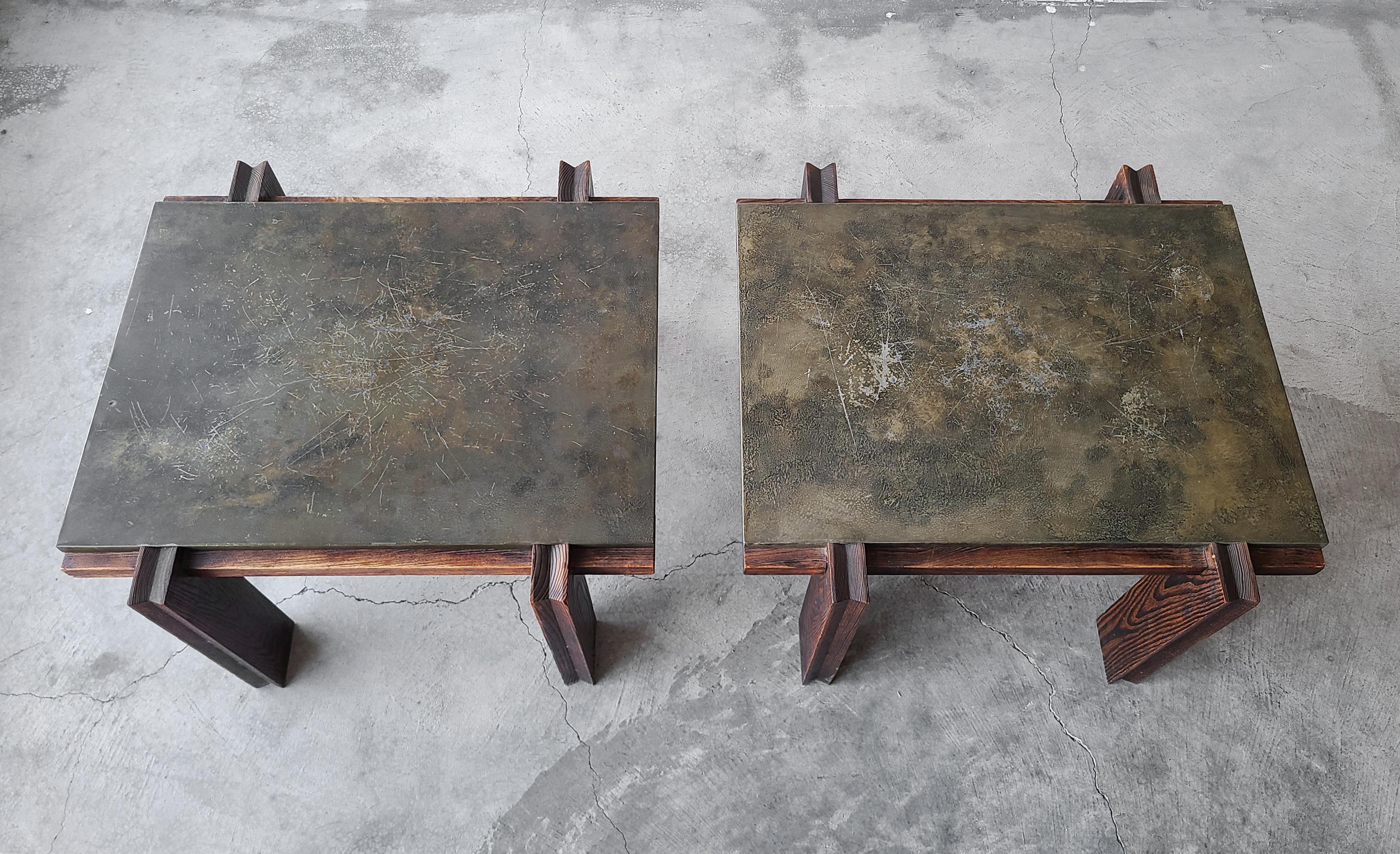 20th Century Pair of Vintage Metal and Oak Craftsman Side Tables