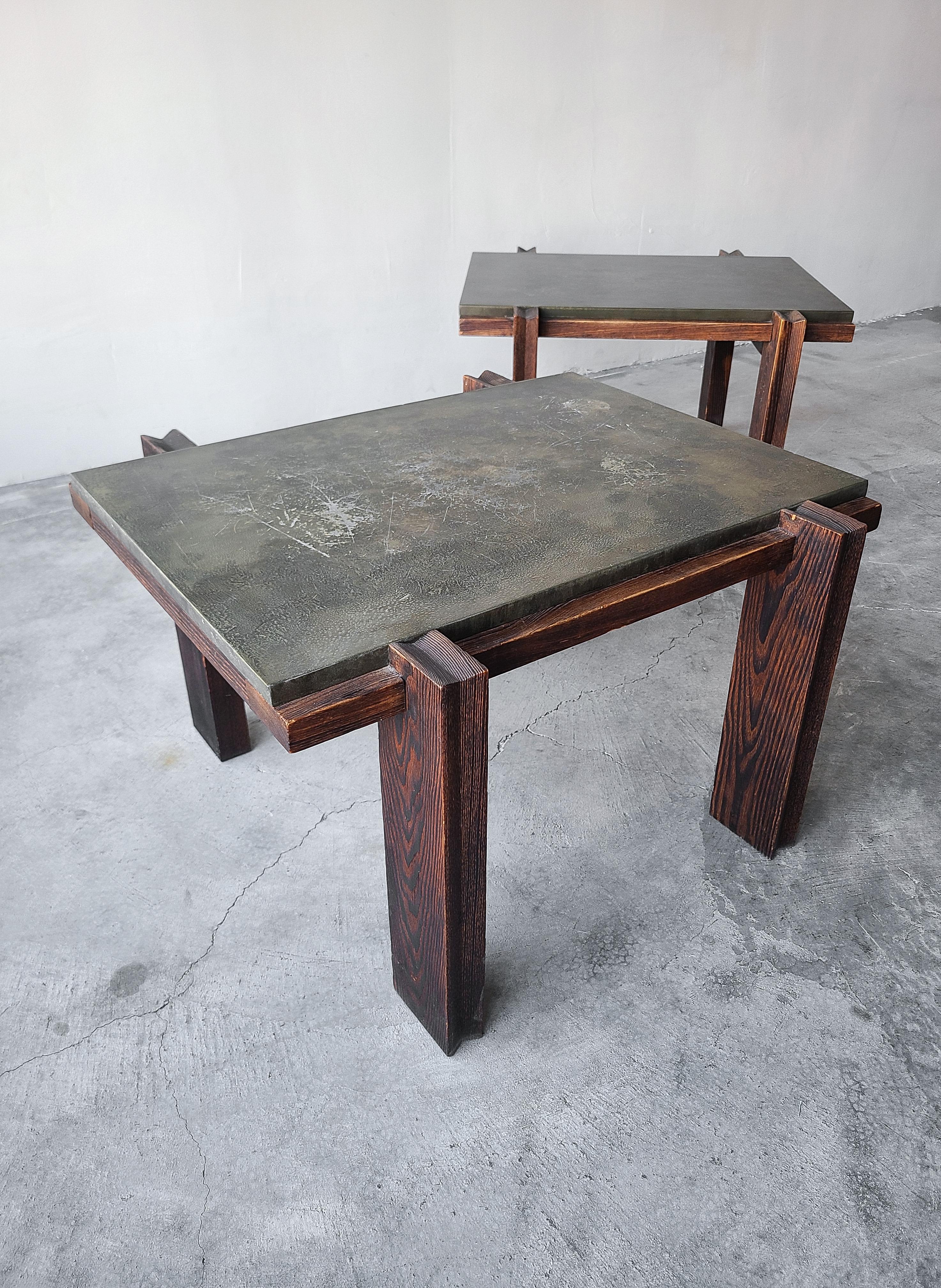 Pair of Vintage Metal and Oak Craftsman Side Tables 1