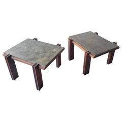 Pair of Vintage Metal and Oak Craftsman Side Tables